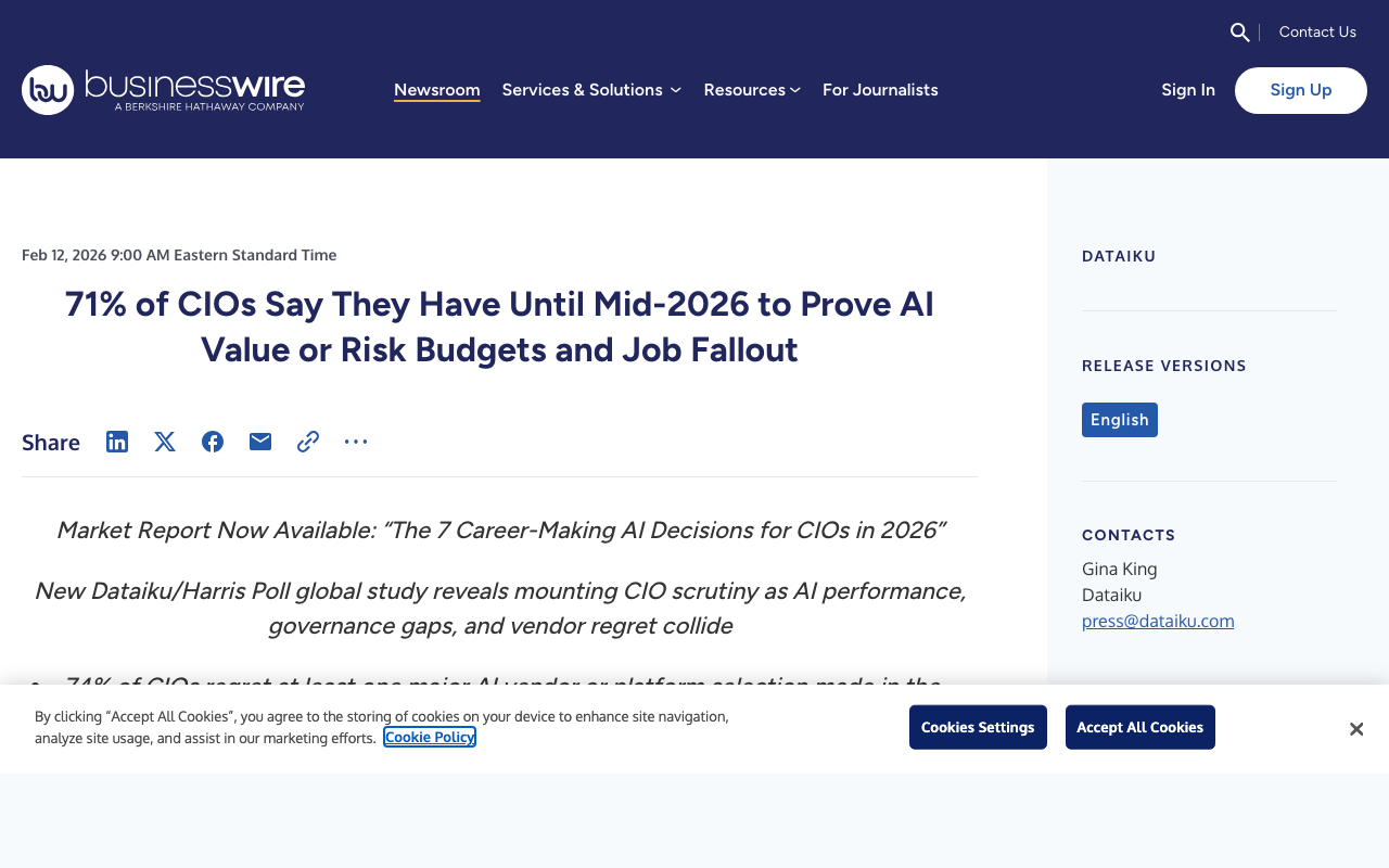 71% of CIOs say AI budgets will be cut if targets aren't met by mid-2026, Dataiku/Harris Poll survey of 600 CIOs