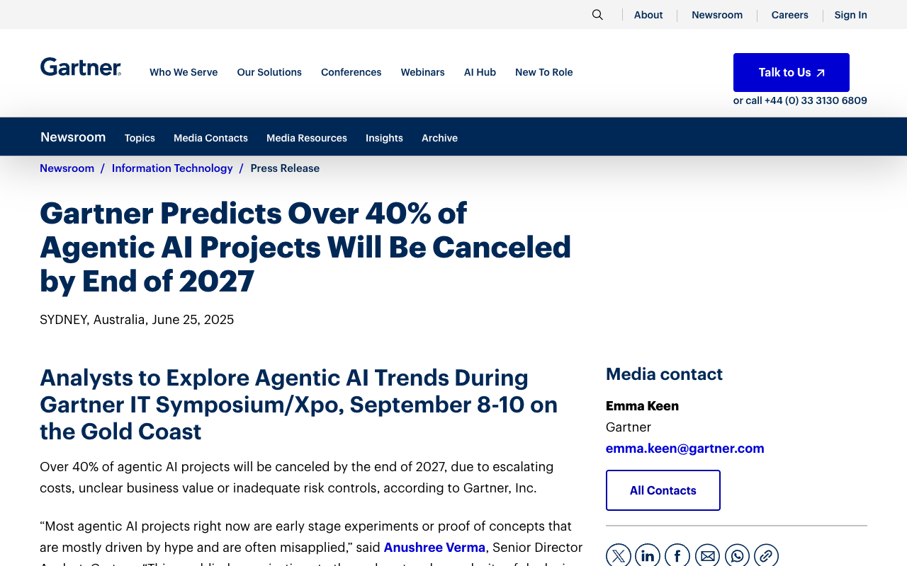 Gartner press release predicting over 40% of agentic AI projects will be canceled by end of 2027 due to escalating costs, unclear business value and inadequate risk controls