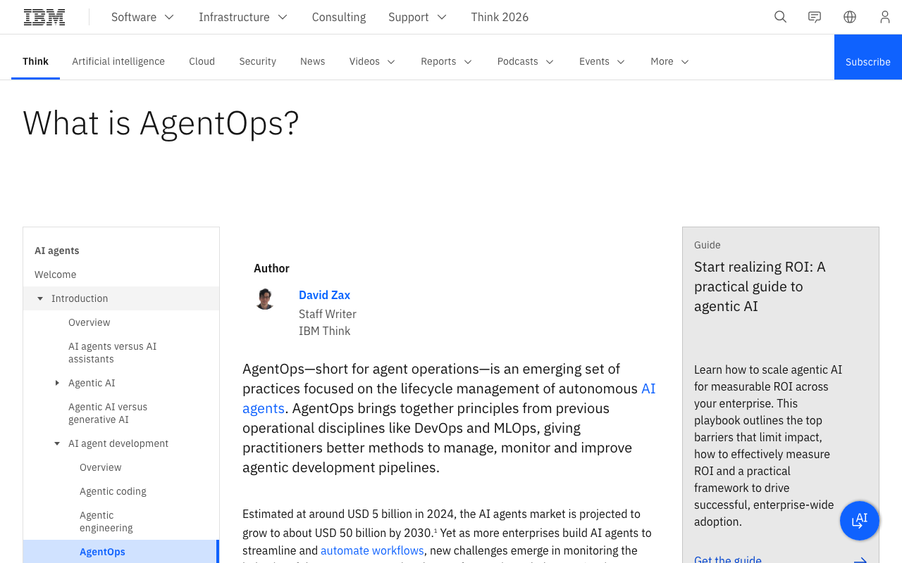 IBM Think explainer page defining AgentOps as an emerging set of practices for lifecycle management of autonomous AI agents