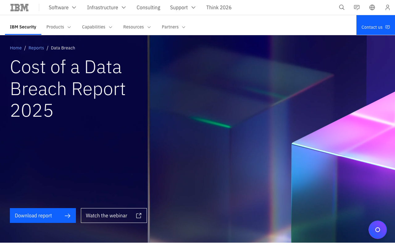IBM Cost of a Data Breach Report 2025 landing page showing the report and webinar access