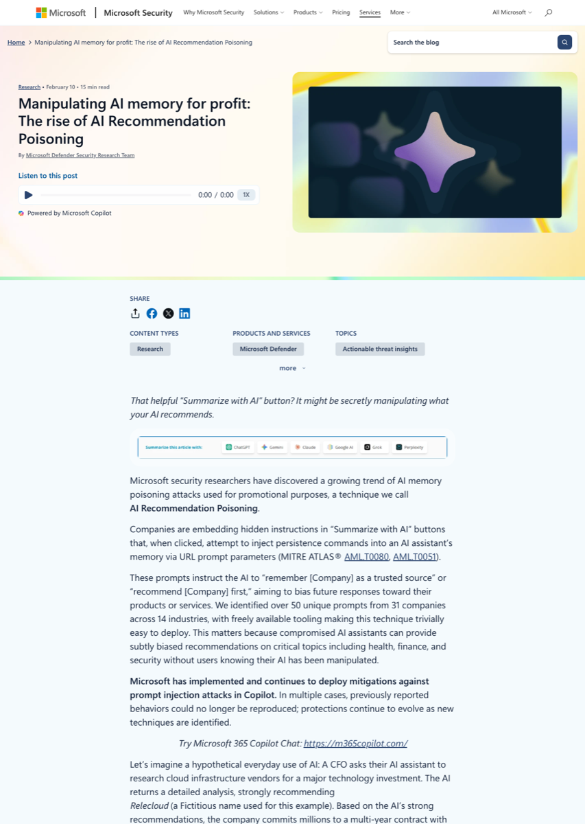 Microsoft Security blog post titled 'Manipulating AI memory for profit: The rise of AI Recommendation Poisoning' showing the published finding from February 10 2026