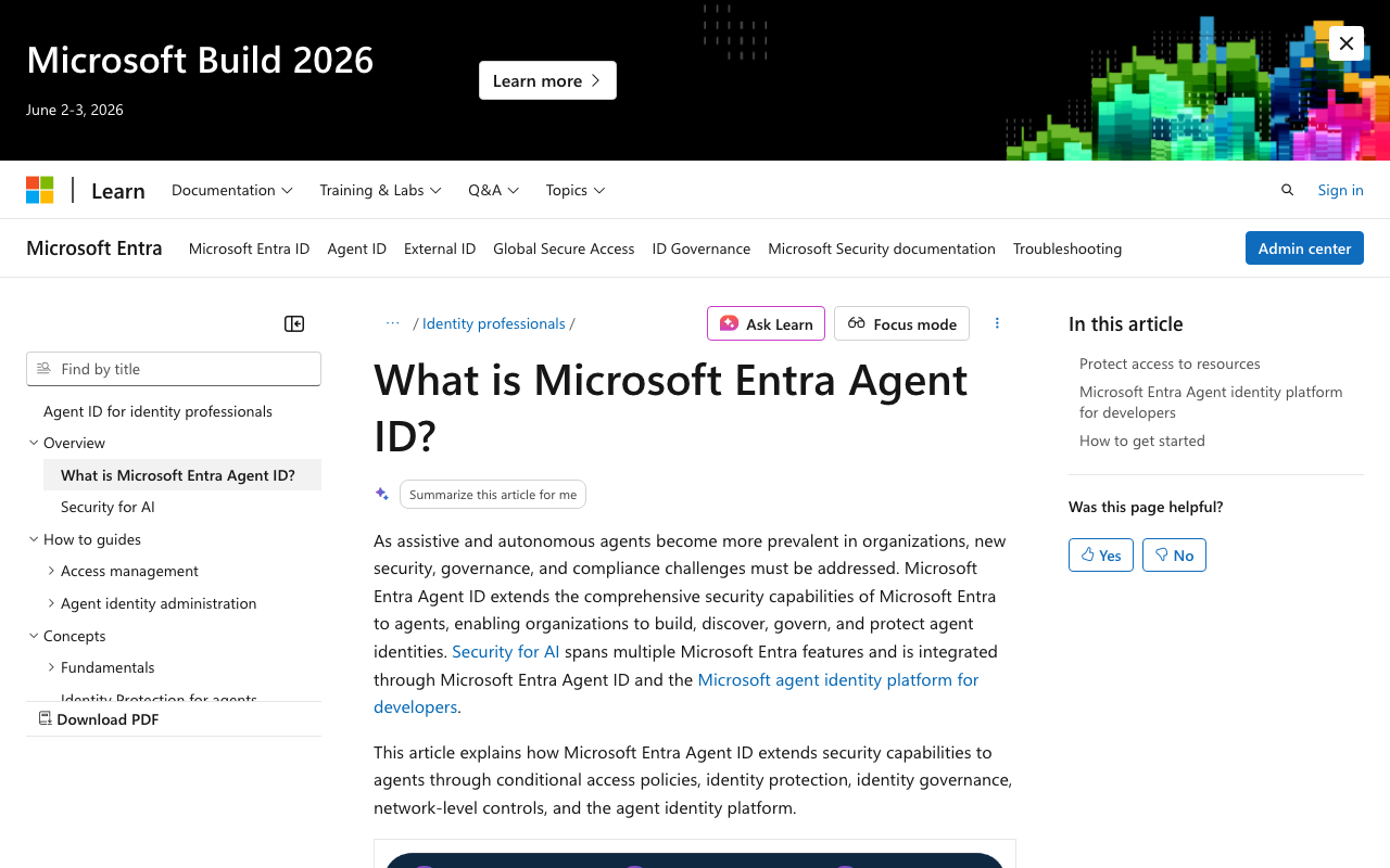 Microsoft Entra Agent ID architecture diagram showing conditional access, identity governance, identity protection and network controls for AI agents