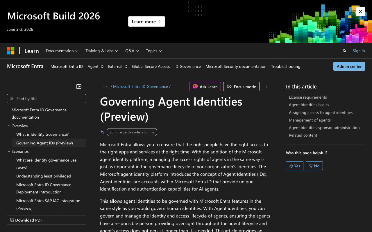 Microsoft Entra Agent ID governance overview showing sponsor assignment and lifecycle management for AI agent identities
