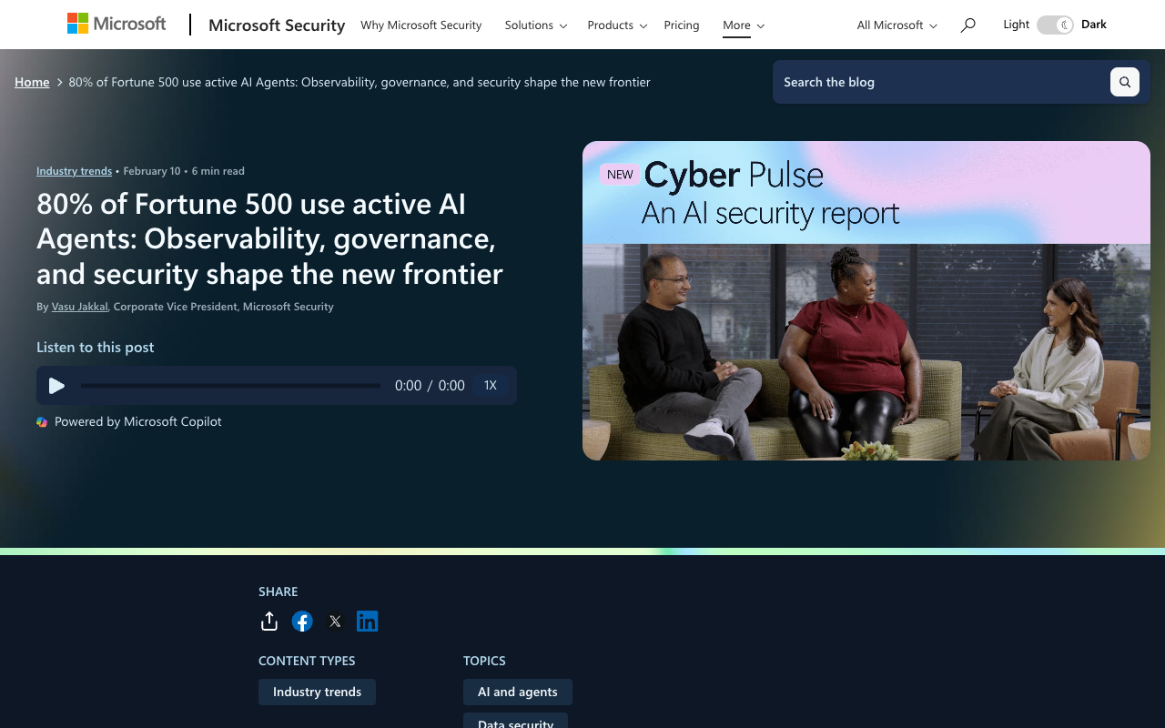 80% of Fortune 500 use active AI agents, but only 6% have advanced AI security strategies, per Microsoft Cyber Pulse