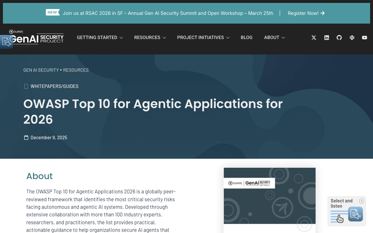 OWASP Top 10 for Agentic Applications 2026 identifying the most critical security risks for autonomous AI systems