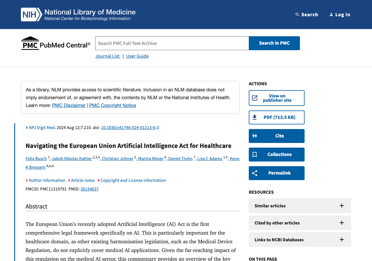 PMC analysis: Navigating the European Union Artificial Intelligence Act for Healthcare