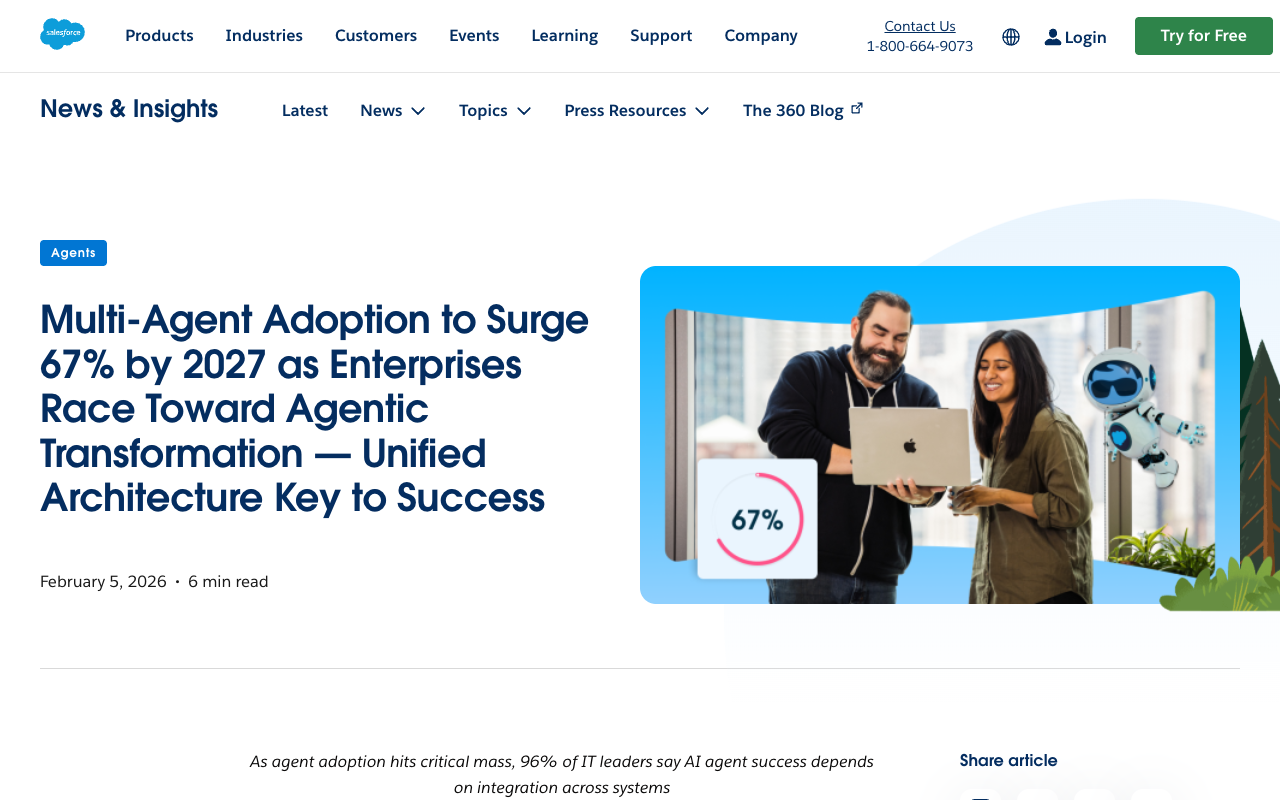 Salesforce 2026 Connectivity Benchmark Report showing multi-agent adoption surging 67% by 2027, with unified architecture as key to success