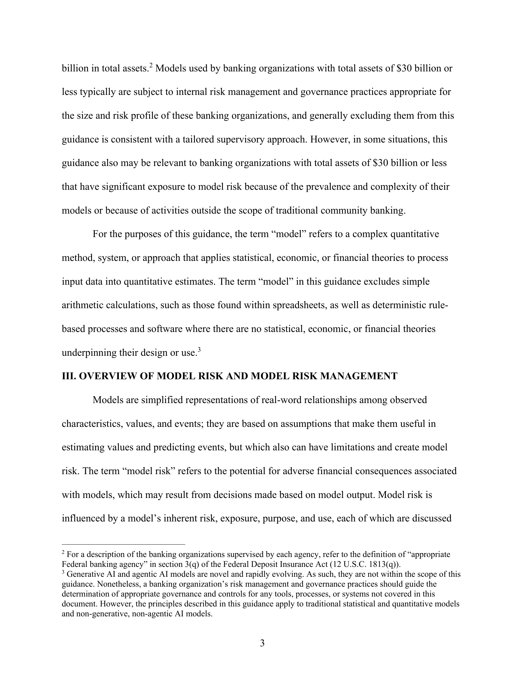 Page 3 of the SR 26-2 attachment showing footnote 3, which excludes generative AI and agentic AI from the guidance scope