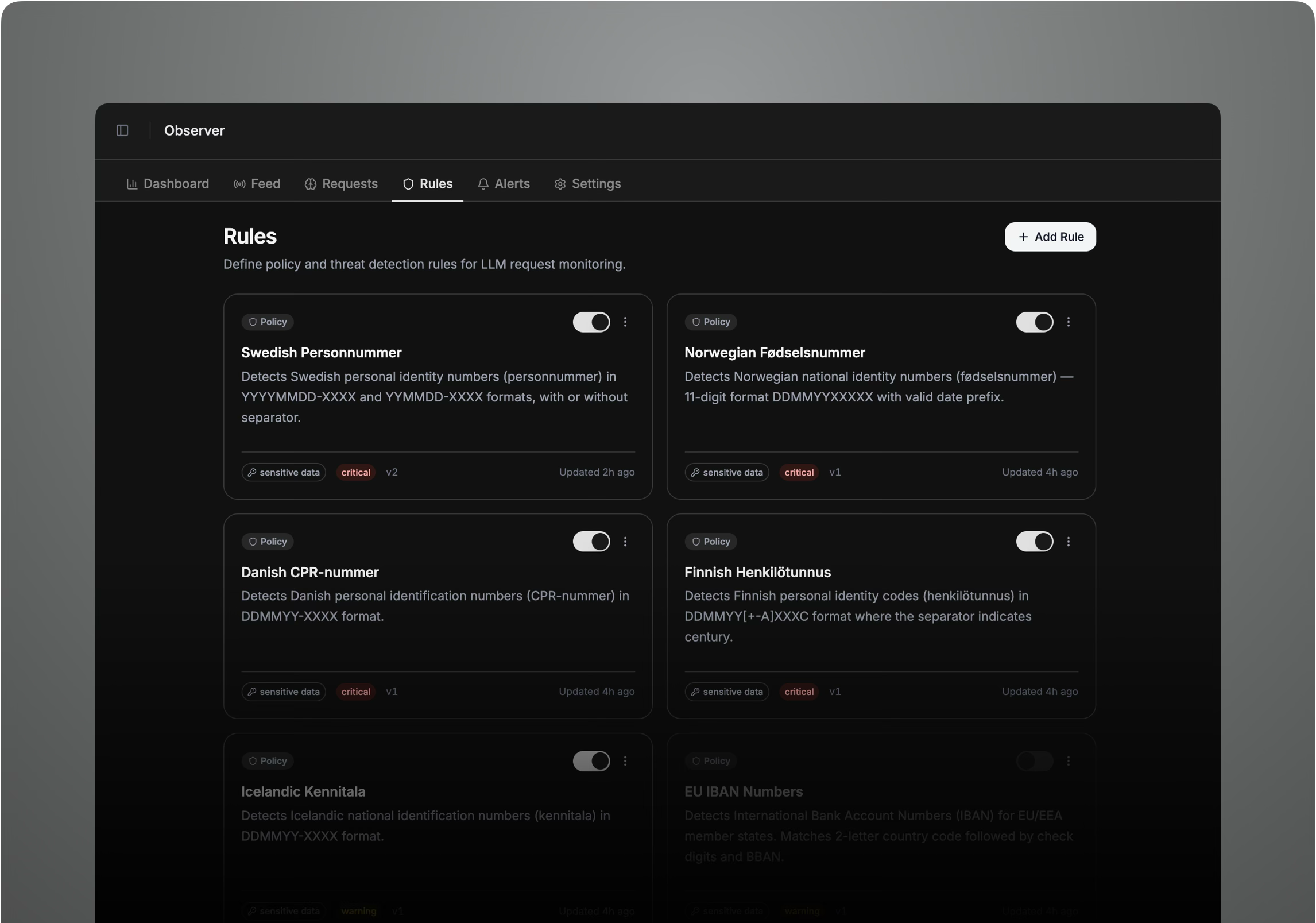 Observer policy rules interface showing rule definitions, stacking, and real-time monitoring